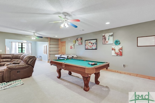 recreation room featuring ceiling fan, a textured ceiling, carpet, and billiards