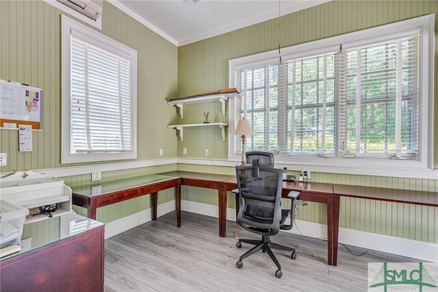 office featuring ornamental molding and light wood-type flooring