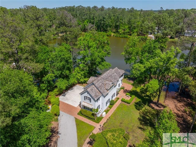 bird's eye view with a water view