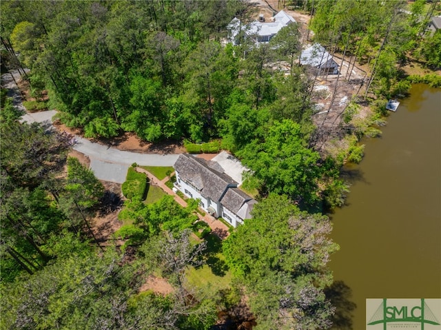 drone / aerial view with a water view