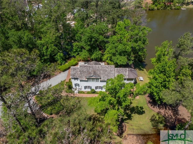 drone / aerial view with a water view