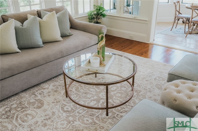 living room featuring plenty of natural light and light hardwood / wood-style floors