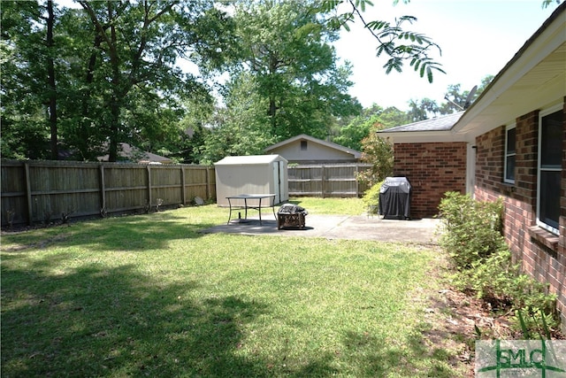 view of yard with a patio, a fire pit, and a storage unit