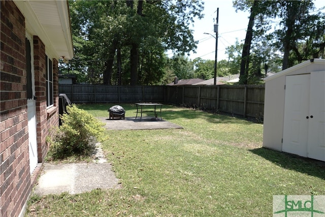 view of yard featuring a patio area and a storage unit