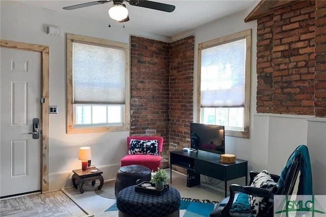 interior space featuring ceiling fan