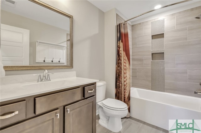 full bathroom with vanity, toilet, and shower / bathtub combination with curtain