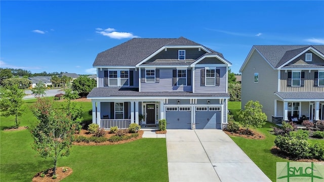 craftsman house with a front yard, a garage, and a porch