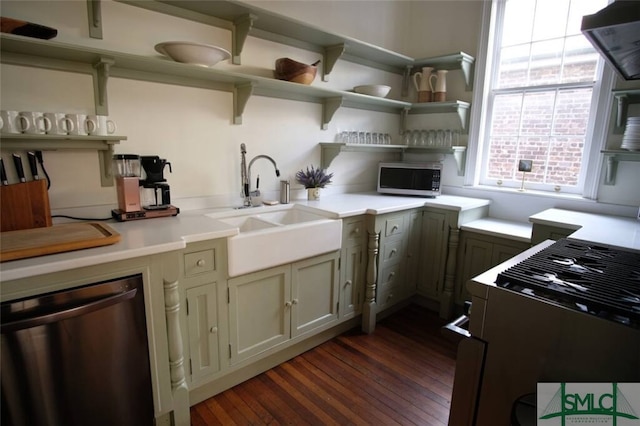 kitchen featuring premium range hood, dark hardwood / wood-style floors, sink, and stainless steel appliances