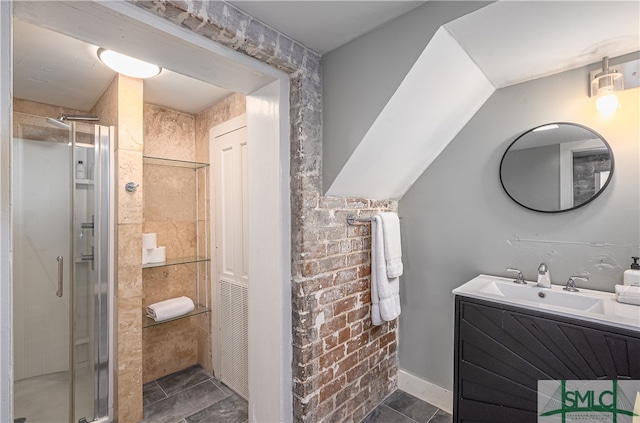 bathroom featuring walk in shower, tile flooring, and vanity