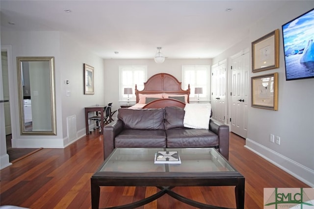 bedroom featuring dark wood-type flooring and multiple closets