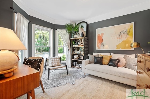 living area featuring ornamental molding