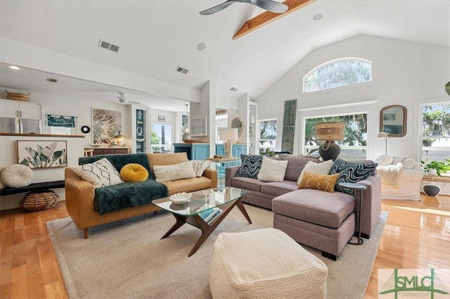 living room with a healthy amount of sunlight, high vaulted ceiling, light hardwood / wood-style floors, and ceiling fan