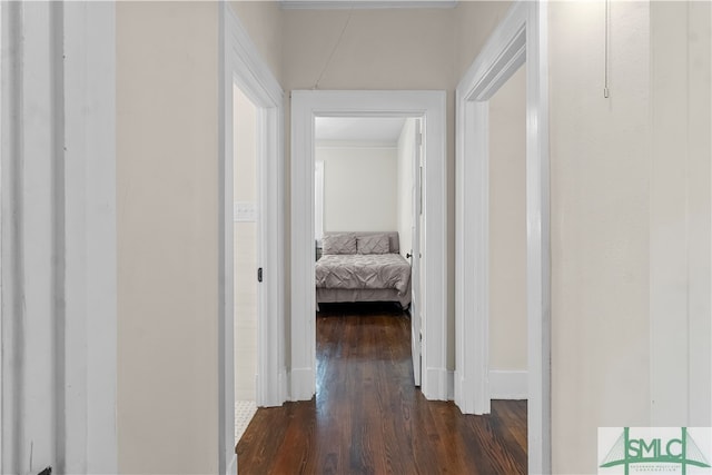 hallway featuring dark hardwood / wood-style flooring and ornamental molding