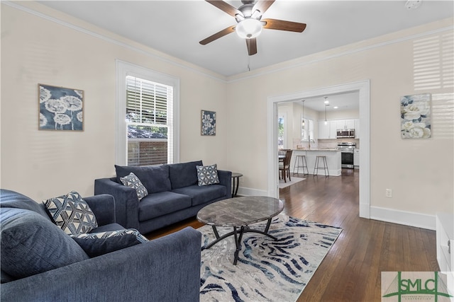 living room with ornamental molding, dark wood-type flooring, and ceiling fan