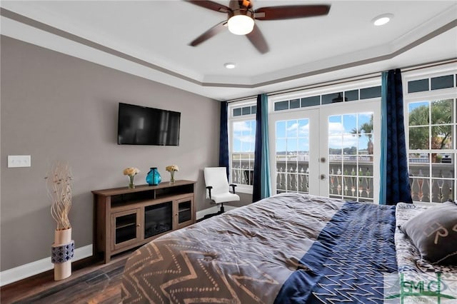 bedroom featuring multiple windows, a tray ceiling, access to outside, and french doors