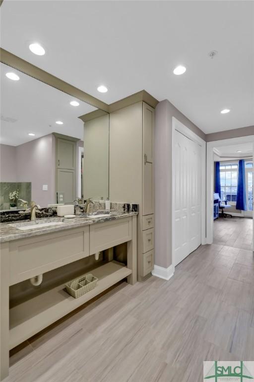 bathroom with hardwood / wood-style flooring and vanity