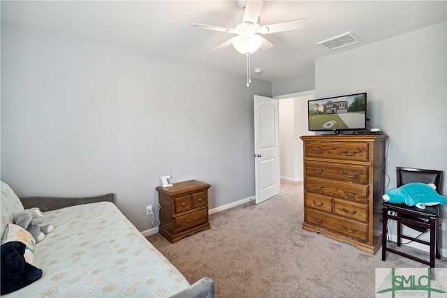 bedroom featuring ceiling fan and carpet floors