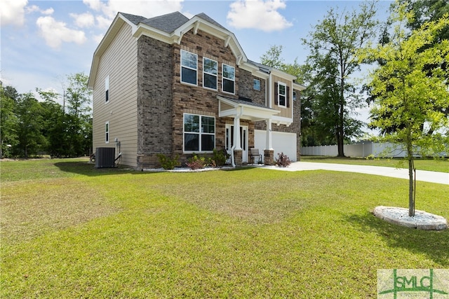 view of front facade featuring a front lawn and central AC unit