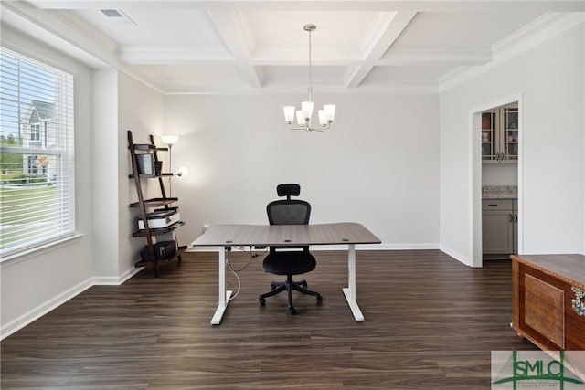 home office with ornamental molding, coffered ceiling, an inviting chandelier, and dark wood-type flooring