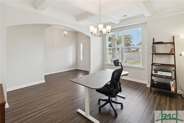 home office featuring beamed ceiling, coffered ceiling, crown molding, dark hardwood / wood-style floors, and an inviting chandelier