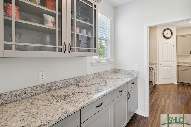 kitchen featuring dark hardwood / wood-style flooring, electric stove, and light stone counters