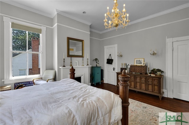 bedroom with ornamental molding, dark hardwood / wood-style flooring, multiple windows, and a chandelier