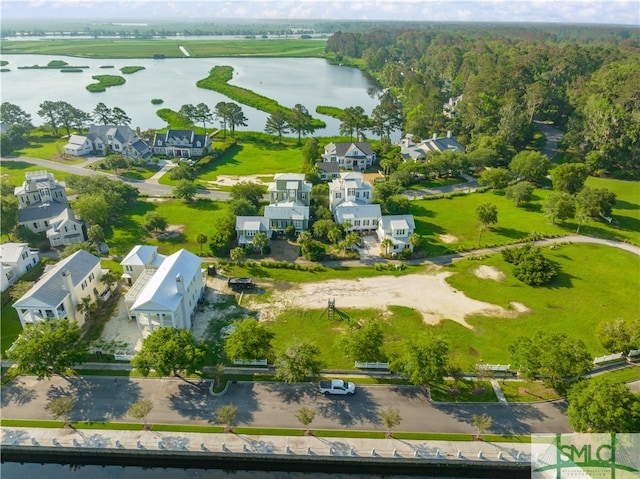 drone / aerial view featuring a water view