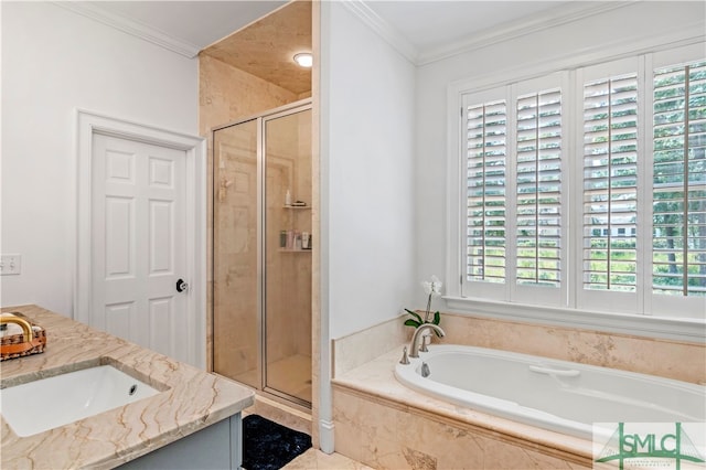 bathroom with plenty of natural light, separate shower and tub, and crown molding