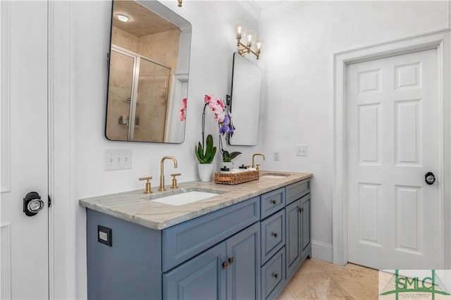 bathroom featuring crown molding, tile floors, and double sink vanity