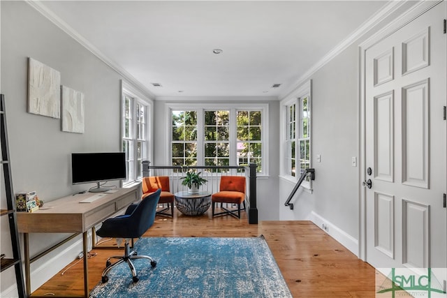 office space featuring wood-type flooring and crown molding