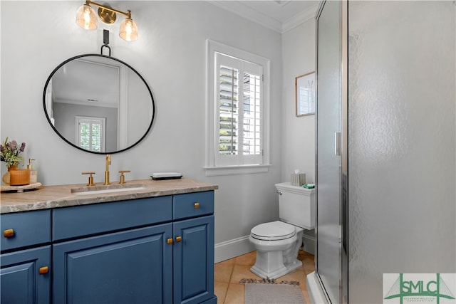 bathroom featuring a shower with shower door, toilet, tile flooring, vanity, and ornamental molding