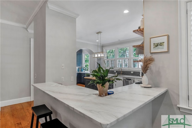 interior space with crown molding, light hardwood / wood-style floors, and sink