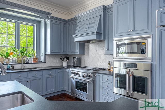 kitchen with tasteful backsplash, stainless steel appliances, custom range hood, dark hardwood / wood-style flooring, and ornamental molding