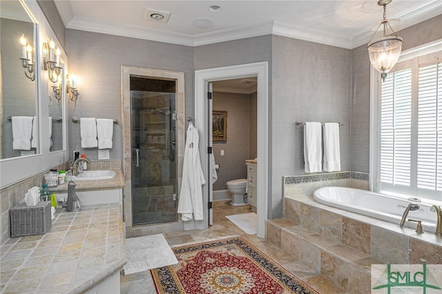 full bathroom with crown molding, tile floors, vanity with extensive cabinet space, separate shower and tub, and toilet