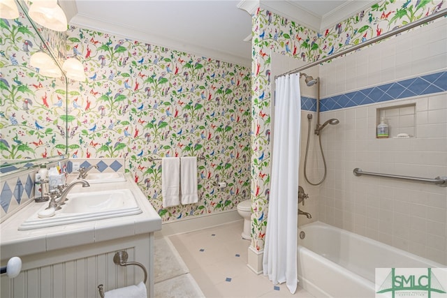 bathroom with tile floors, ornamental molding, toilet, and vanity