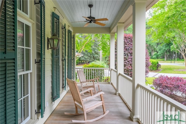 exterior space featuring covered porch and ceiling fan