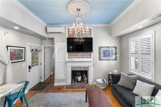 living room featuring a healthy amount of sunlight, a fireplace, dark wood-type flooring, and a wall mounted air conditioner