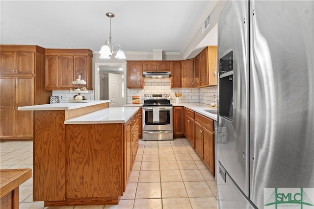 kitchen with backsplash, appliances with stainless steel finishes, decorative light fixtures, a kitchen island, and ornamental molding