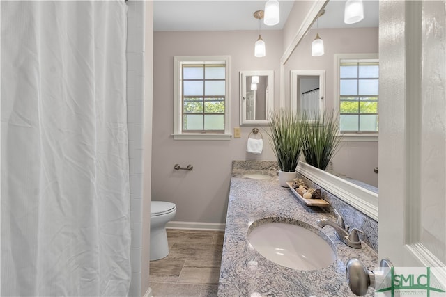 bathroom with vanity, toilet, and a wealth of natural light