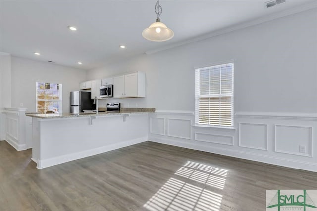 kitchen with dark hardwood / wood-style floors, stainless steel appliances, decorative light fixtures, light stone counters, and white cabinets