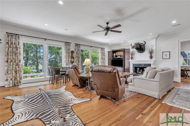 living room with ornamental molding, light wood-type flooring, and ceiling fan