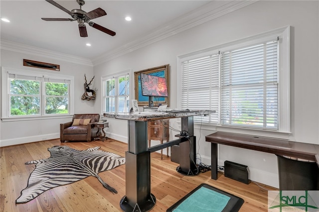 exercise room featuring ornamental molding, plenty of natural light, ceiling fan, and light hardwood / wood-style flooring