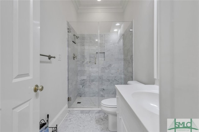 bathroom with crown molding, a shower with door, tile floors, toilet, and vanity