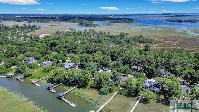 drone / aerial view featuring a water view