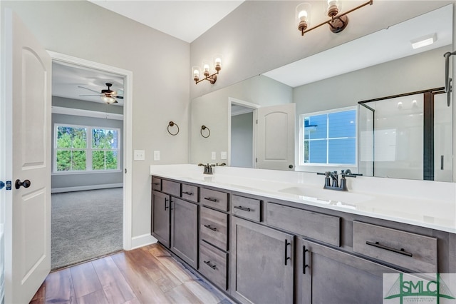 bathroom featuring vanity, ceiling fan, wood-type flooring, and a shower with door