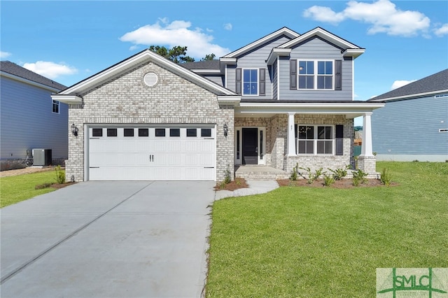 craftsman-style house with a front yard, a porch, central AC unit, and a garage