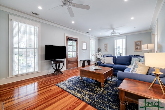 living room featuring ceiling fan, crown molding, and wood-type flooring