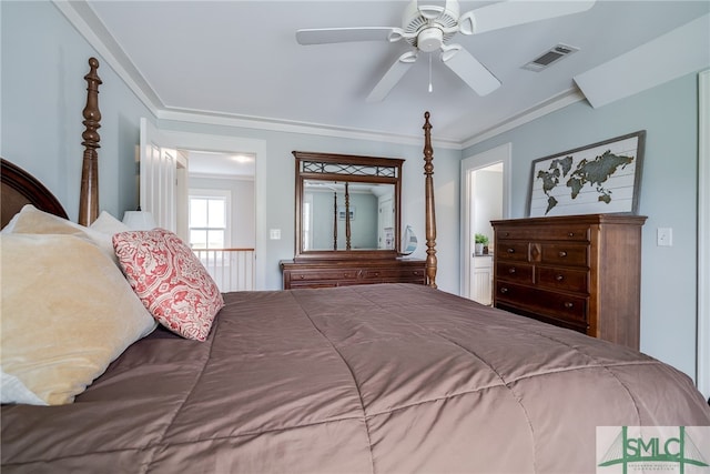 bedroom with ceiling fan and crown molding