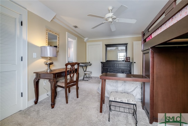 interior space featuring ornamental molding and ceiling fan