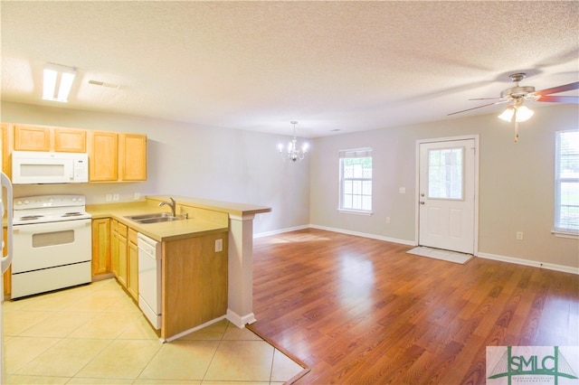 kitchen featuring light hardwood / wood-style floors, ceiling fan with notable chandelier, kitchen peninsula, sink, and white appliances